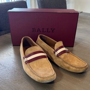 Bally Tan Suede Loafers with Burgundy & Cream Striped Band